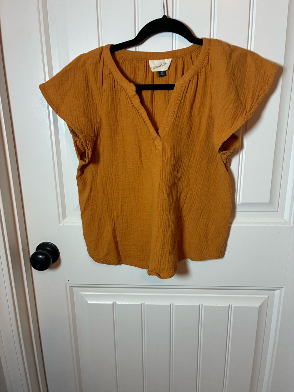 Universal Thread Mustard Textured Split V Flutter Sleeve Top
